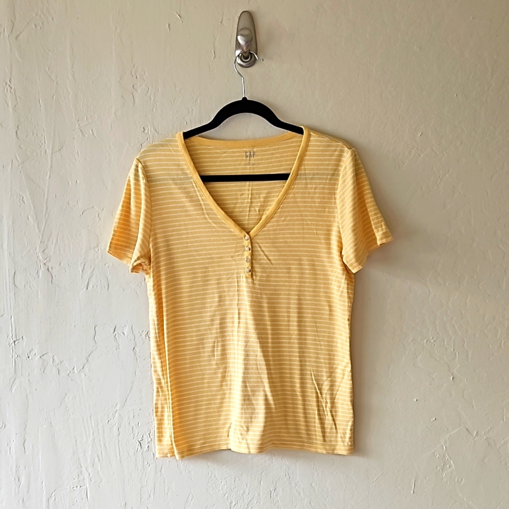 Yellow and White Striped Short Sleeve Henley Tee